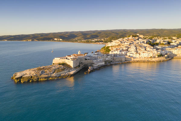 aerial view of the historic center of Vieste, taken during a summer sunrise, municipality of Vieste, Foggia province, Apulia district, Italy, Europe