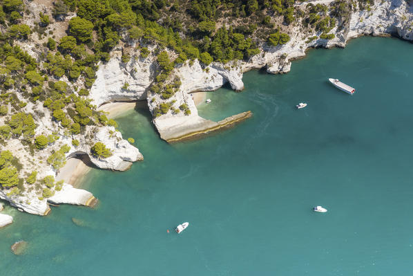 aerial view of the Gargano coast, characterized by white cliffs, caves and a crystalline sea, taken during a summer day, municipality of Vieste, Foggia province, Apulia district, Italy, Europe