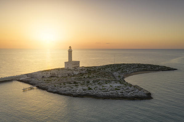 aerial view of the Vieste lighthouse, during a warm summer sunrise, municipality of Vieste, Foggia province, Apulia district, Italy, Europe
