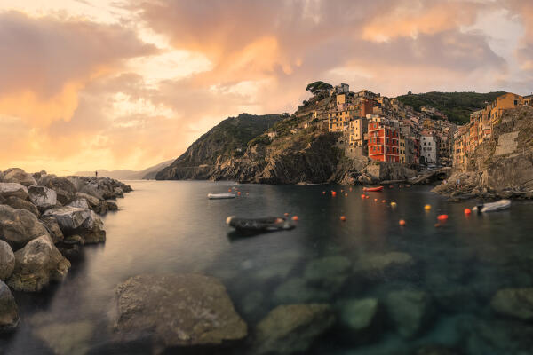 sunset from the Riomaggiore harbor, National Park of Cinque Terre, UNESCO WORLD HERITAGE SITE, municipality of Riomaggiore, La Spezia province, Liguria district, Italy, Europe