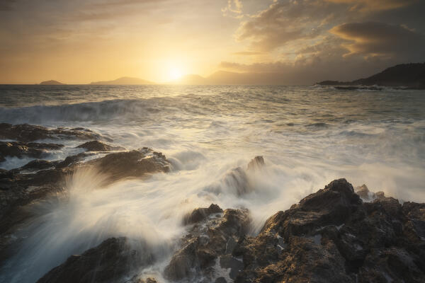 a warm light capture during the sunset, in the cliffs near to Tellaro, municipality of Lerici, UNESCO World Heritage Site, La Spezia province, Liguria district, Italy, Europe