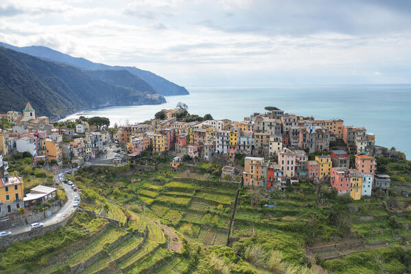 aerial view taken by drone in spring time, of historical village of Corniglia, municipality of Vernazza, UNESCO World Heritage Site, National Park of Cinque Terre, La Spezia province, Liguria district, Italy, Europe