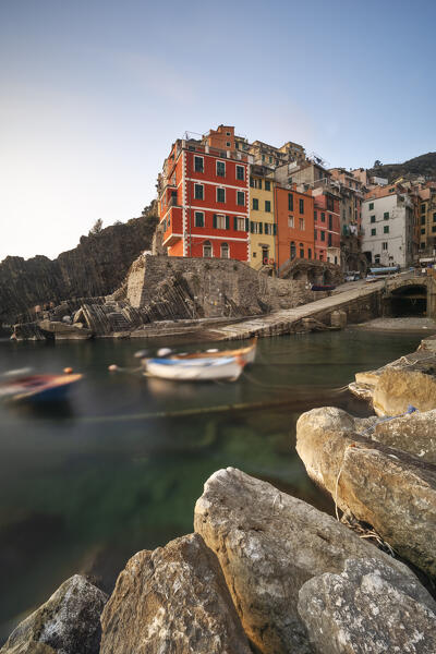 a long exposure to capture the sunset from the riomaggiore harbor, National Park of Cinque Terre, municipality of Riomaggiore, UNESCO WORLD HERITAGE SITE, La Spezia province, Liguria district, Italy, Europe