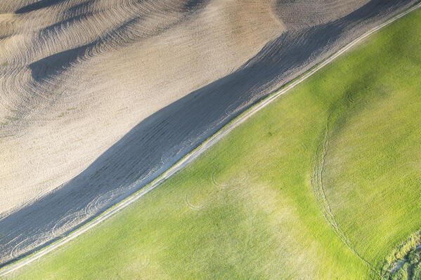 aerial view of the field near to San Quirico d'Orcia during a beautiful spring day, Siena province, Tuscany district, Italy, Europe