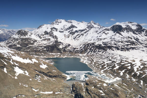 aerial view taken by drone of Splugapass in summer time, Orobie Alps, Valtellina, municipality of Madesimo, Sondrio province, Lombardy district, Italy, Europe