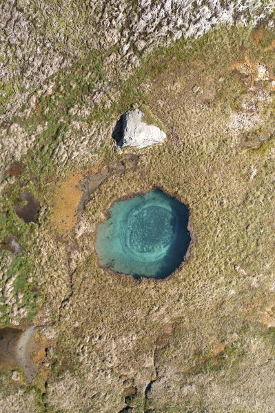 aerial view taken by drone of blue hole near to Madesimo, Orobie Alps, Valtellina, municipality of Madesimo, Sondrio province, Lombardy district, Italy, Europe