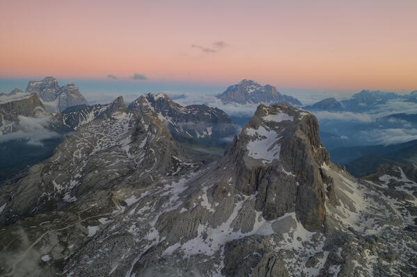 aerial view of Averau mountain in autumn time, Dolomiti, municipality of Cortina d'Ampezzo, Belluno province, Veneto district, Italy, Europe.