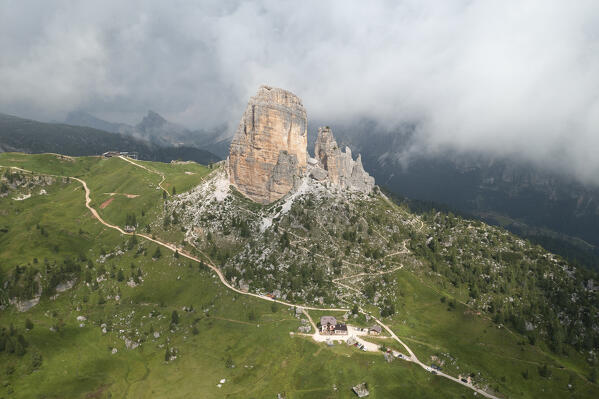 aerial view of Cinque Torri in summer time, Dolomiti, municipality of Cortina d'Ampezzo, Belluno province, Veneto district, Italy, Europe.
