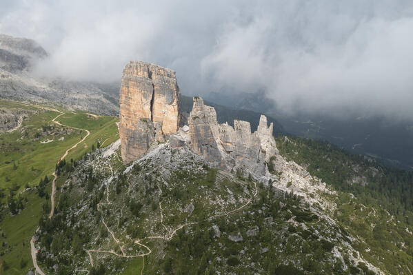 aerial view of Cinque Torri in summer time, Dolomiti, municipality of Cortina d'Ampezzo, Belluno province, Veneto district, Italy, Europe.