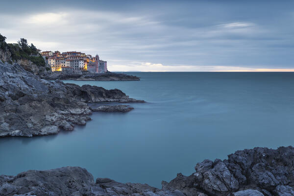 an amazing blue hour captured along the cliffs near the historic villag of Tellaro, Tellaro, municipality of Lerici, La Spezia province, Liguria district, Italy, Europe