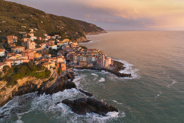 an amazing sunset captured along the cliffs near the historic villag of Tellaro, during a seastorm, Tellaro, municipality of Lerici, La Spezia province, Liguria district, Italy, Europe