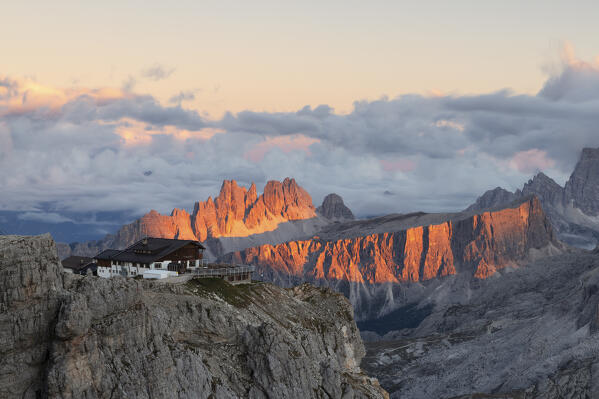 the Lagazuoi hut during a summer sunset, Falzarego pass, municipality of Cortina d'Ampezzo, Dolomiti, Veneto district, Italy, Europe