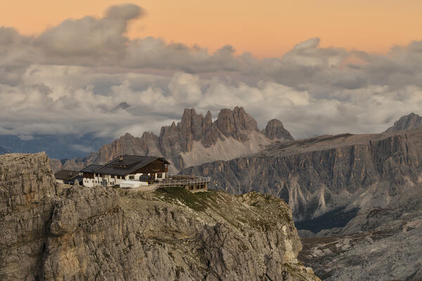 the Lagazuoi hut during a summer sunset, Falzarego pass, municipality of Cortina d'Ampezzo, Dolomiti, Veneto district, Italy, Europe