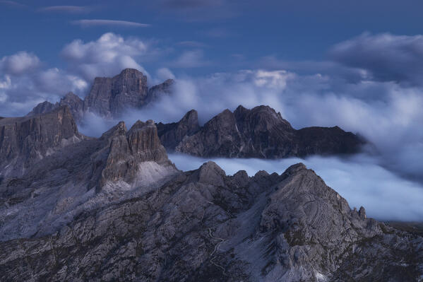 a long exposure to capture the blue hour light over the Pelmo mountain, Dolomiti, Veneto district, Italy, Europe