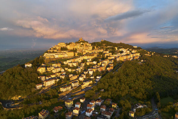 aerial view taken by drone of San Marino, during a spring sunset, Republic of San Marino, Europe