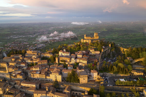aerial view taken by drone of San Marino, during a spring sunset, Republic of San Marino, Europe