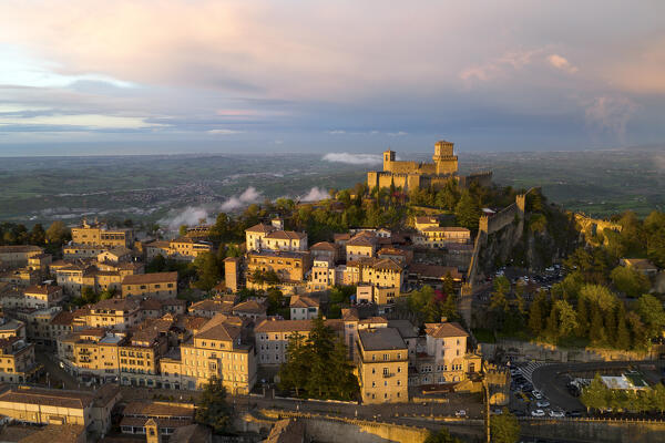 aerial view taken by drone of San Marino, during a spring sunset, Republic of San Marino, Europe