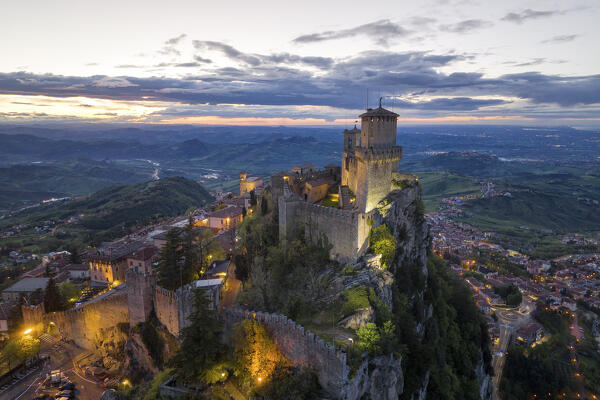 aerial view taken by drone of San Marino, during a spring sunset, Republic of San Marino, Europe