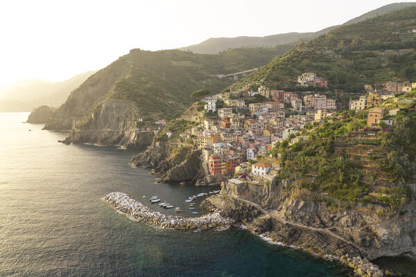 Aerial view taken by drone of touristic village of Riomaggiore, National park of Cinque Terre, La Spezia, Italy, Europe
