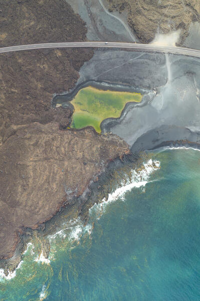aerial view taken by drone of a little fisherman village of Playa Montana Bermeja, Lanzarote, Canary Island, Spain, Europe