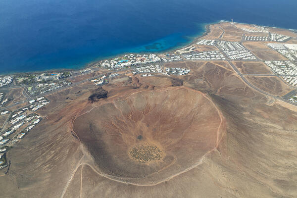 aerial view taken by drone of the Caldera Montana Roja Volcano, Playa Blanca, Lanzarote, Canary Island, Spain, Europe