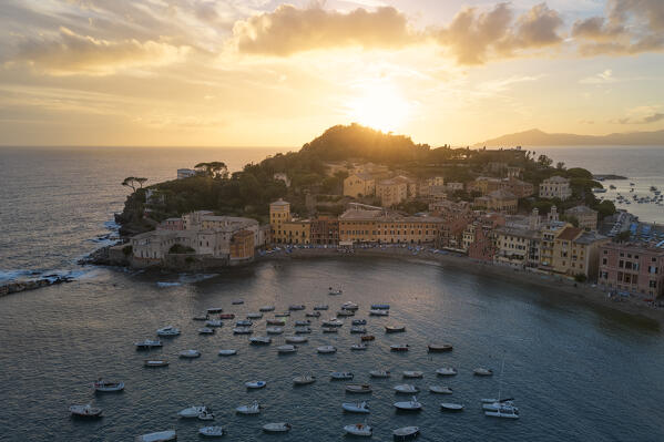 aerial view taken by drone of Silenzio bay, during a warm summer sunset, municipality of Sestri Levante, Genova province, Liguria district, Italy, Europe