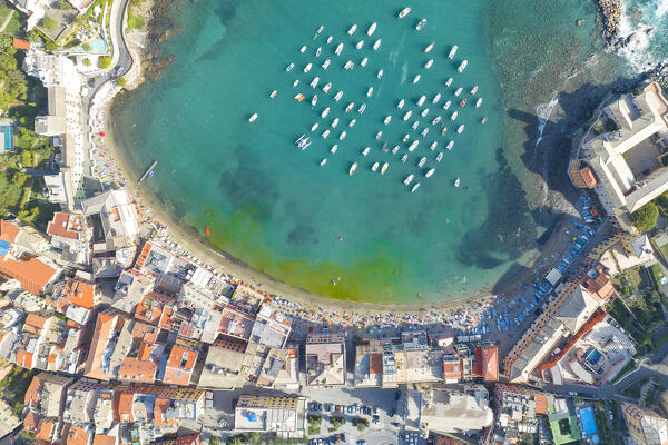 aerial view taken by drone of Silenzio bay, during summer day, municipality of Sestri Levante, Genova province, Liguria district, Italy, Europe