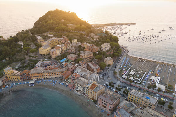 aerial view taken by drone of Silenzio bay, during a warm summer sunset, municipality of Sestri Levante, Genova province, Liguria district, Italy, Europe