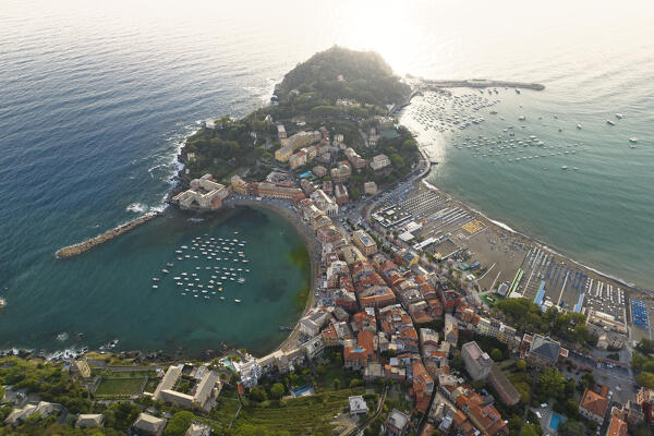 aerial view taken by drone of Silenzio bay, during a warm summer sunset, municipality of Sestri Levante, Genova province, Liguria district, Italy, Europe
