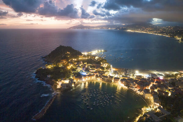 aerial view taken by drone of Silenzio bay, during summer sunset, municipality of Sestri Levante, Genova province, Liguria district, Italy, Europe