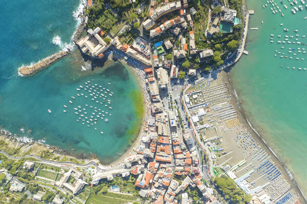 aerial view taken by drone of Silenzio bay, during summer day, municipality of Sestri Levante, Genova province, Liguria district, Italy, Europe