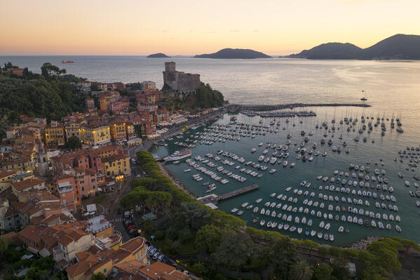 aerial view taken by drone of Lerici gulf, during a warm summer sunset, municipality of Lerici, La Spezia province, Liguria district, Italy, Europe