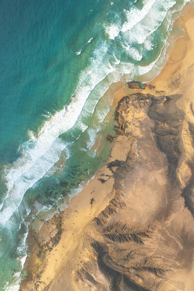 aerial vertical view taken by drone of Cofete Beach during a summer day, Natura Park de Jandia, Fuerteventura, Canary Island, Spain, Europe