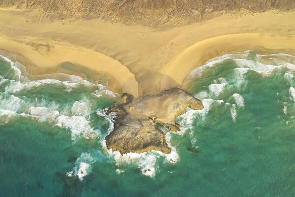 aerial vertical view taken by drone of El Isote during a summer day, Playa de Cofete, Natural Park de Jandia, Fuerteventura, Canary Island, Spain, Europe