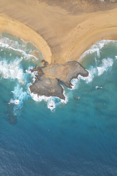 aerial vertical view taken by drone of El Isote during a summer day, Playa de Cofete, Natural Park de Jandia, Fuerteventura, Canary Island, Spain, Europe