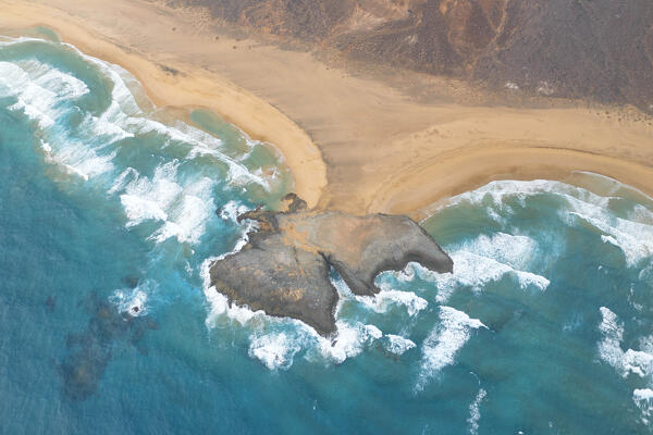 aerial vertical view taken by drone of El Isote during a summer day, Playa de Cofete, Natural Park de Jandia, Fuerteventura, Canary Island, Spain, Europe