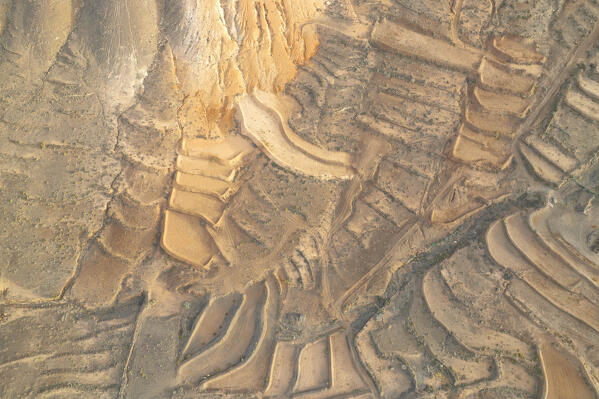 aerial vertical view taken by drone of the terrain terrace during a summer day, Fuerteventura, Canary Island, Spain, Europe