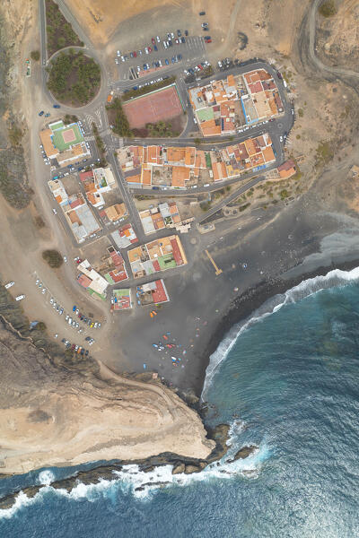 aerial vertical view taken by drone of a little fisherman village called Puerto de la Pena,  during a summer day, Fuerteventura, Canary Island, Spain Europe