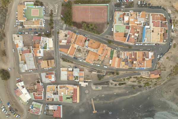 aerial vertical view taken by drone of a little fisherman village called Puerto de la Pena,  during a summer day, Fuerteventura, Canary Island, Spain Europe