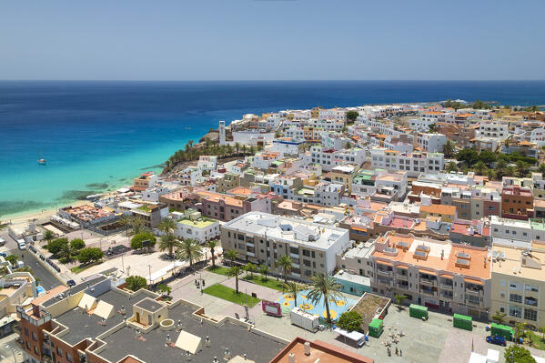 aerial view taken by drone of the coastal town of Morro Jable during a summer sunny day, Fuerteventura, Canary Island, Spain, Europe