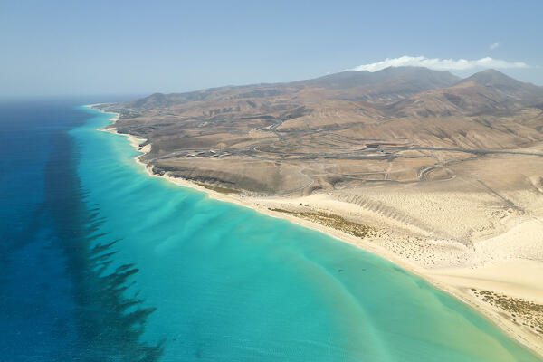 aerial view taken by drone of a beautiful beach of Sotavento during a summer sunny day, Fuerteventura, Canary Island, Spain Europe