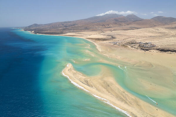 aerial view taken by drone of a beautiful beach of Sotavento during a summer sunny day, Fuerteventura, Canary Island, Spain Europe