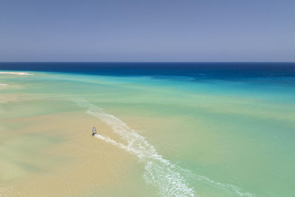 aerial view taken by drone of a beautiful beach of Sotavento during a summer sunny day, Fuerteventura, Canary Island, Spain Europe
