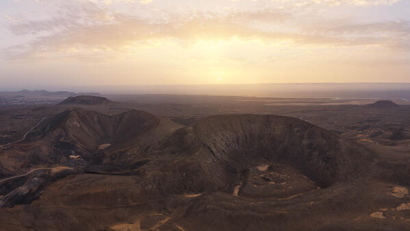 aerial view taken by drone of the volcanic area near to Corralejo during a summer sunset, Natural Park of Corralejo, Fuerteventura, Canary Island, Spain, Europe