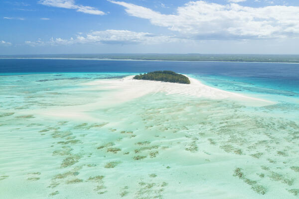 aerial panoramic view taken from the drone of Mnemba Island during a sunny day, Zanzibar, Tanzania, Africa