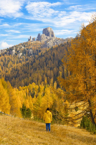 one girl enjoy the beautiful view at Falzarego pass with a Cinque Torri in background, during an autumn sunset, Falzarego Pass, Belluno province, Veneto, Dolomiti, Italy, Europe