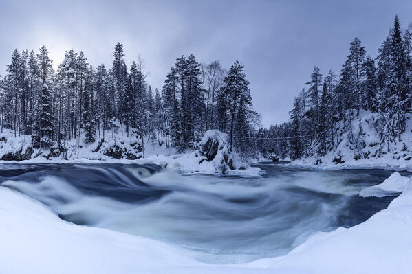 Rapids in the Kitkajoki River from the Myllykoski old mill at Oulanka National Park, Lapland, Finland, Europe