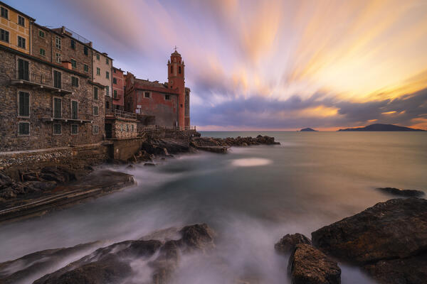 a long exposure to capture the sunset light in Tellaro, La Spezia province, Liguria, Italy, Europe