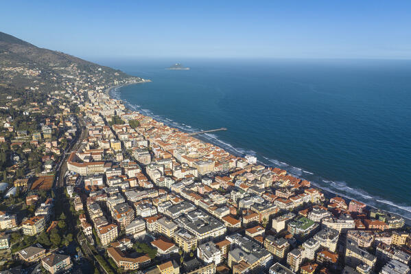 aerial view taken by drone of Alassio during a sunny spring day, Savona province, Liguria, Italy, Europe