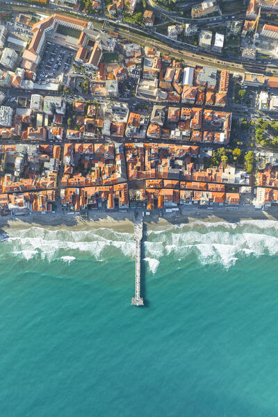 aerial vertical view taken by drone of Alassio during a sunny spring day, Savona province, Liguria, Italy, Europe
